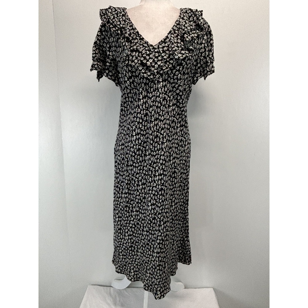 Vtg Betsy Lauren Ditsy Floral Midi Dress Sz 8 Black White Grunge Ruffle 90s